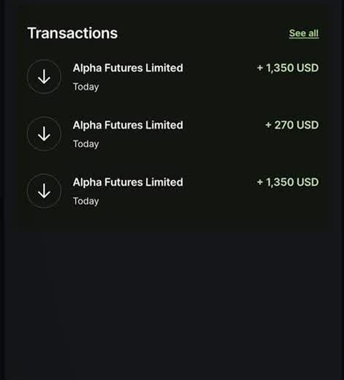 Three incoming Alpha Futures transaction records supplied by Moe