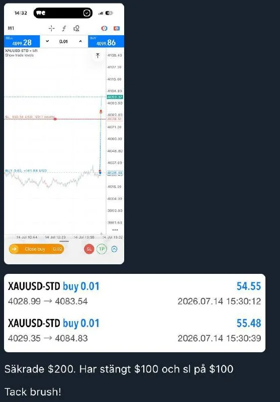 Anonymized submitted gold trades and thank-you message